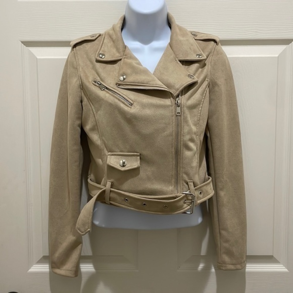 SHEIN Tan Faux Suede Belted Cropped Jacket